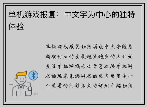 单机游戏报复:中文字为中心的独特体验