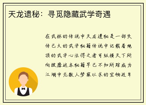天龙遗秘：寻觅隐藏武学奇遇