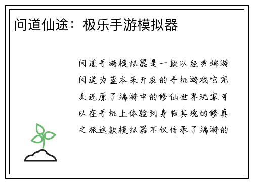 问道仙途：极乐手游模拟器
